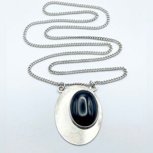 Gastineau Sterling Silver Black Onyx Pendant - Signed Modernist Long Necklace
